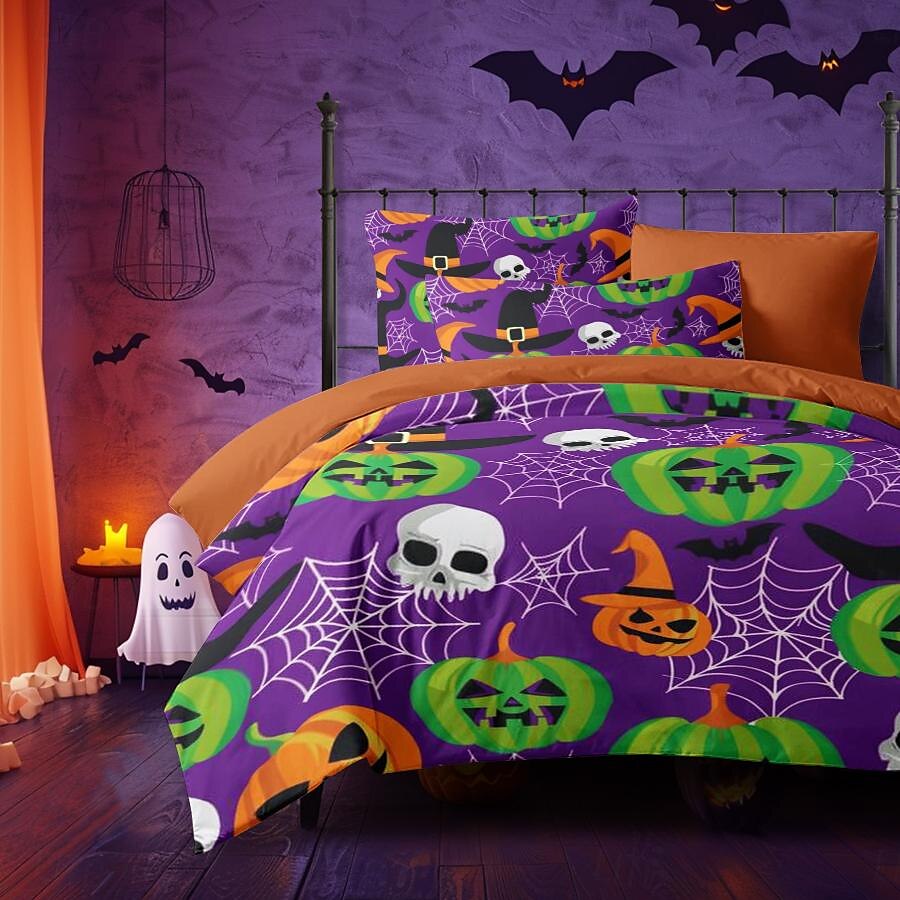 set copripiumino collezione halloween set 3 pezzi jack o lantern zucca super morbido delicato sulla pelle di lunga durata del 2025 a $41.99 –P9