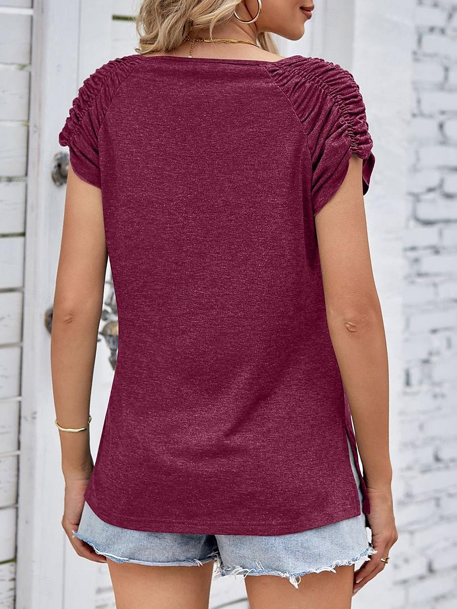 Dame T skjorte Helfarge عادي Fritid Kortermet Hals med hakk Lange topper Daglig Smukket Svart Hvit Vin Sommer 2025 - $21.99 –P4