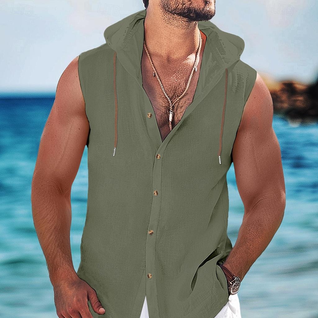 Hombre Camisa Camisa de playa Tanque Color sólido Vacaciones Maldición Negro Blanco Azul Marino Marrón Sin Mangas Con Capucha Primavera verano Ropa Botones 2025 - $22.99 –P8