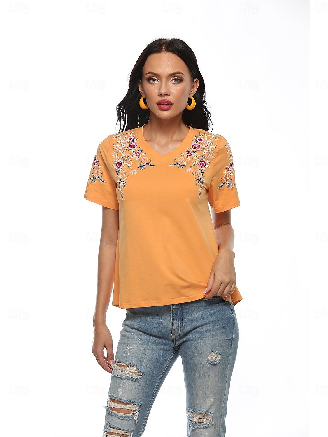 Thanksgiving Day Dame Boho T-skjorte Blomstret Bohem Fritid Kortermet Lanterne Erme V-hals Lange topper Daglig Ut på byen Helg Gul Oransje Vår 2025 - $18.99 –P8