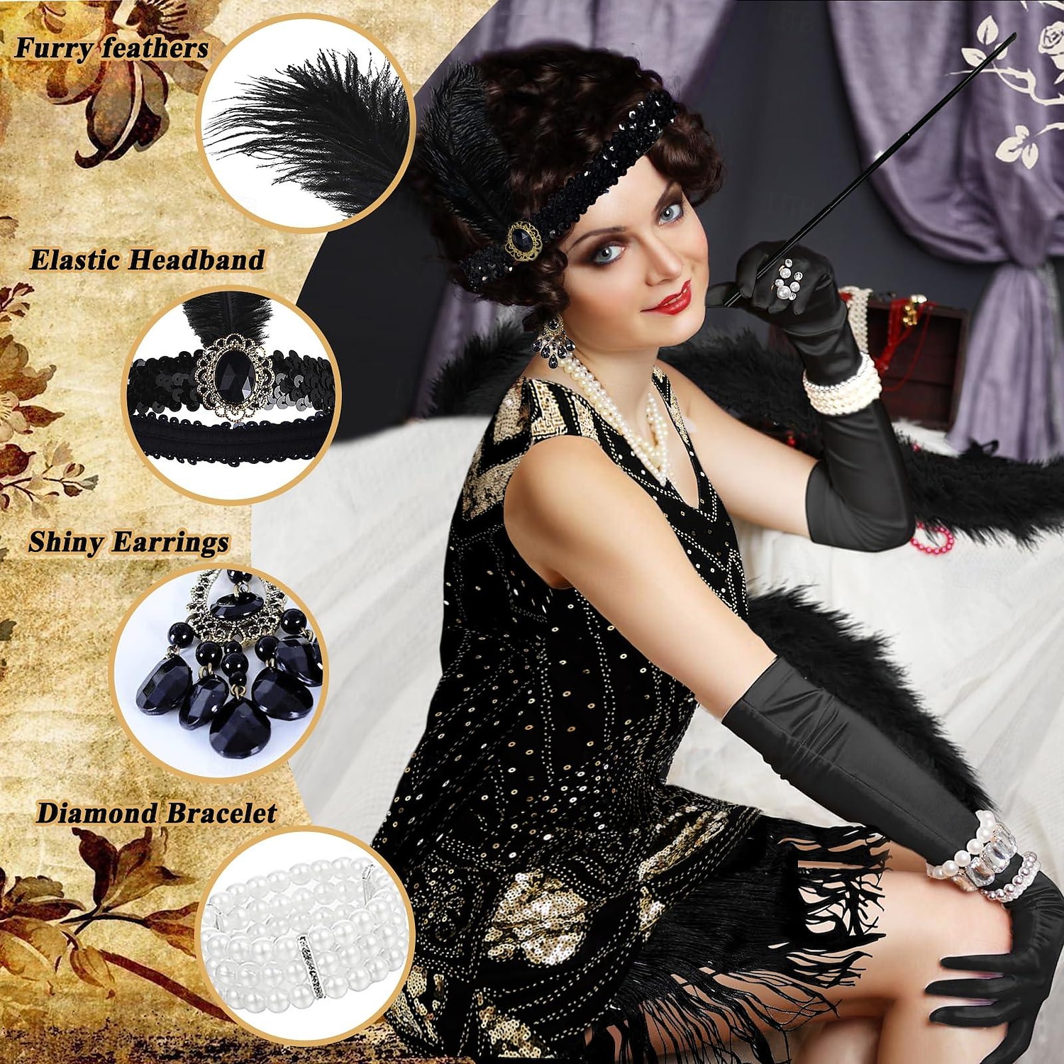 Set Urlați 20 de ani Anii 1920 Lungime Genunchi Rochie Flapper Ținute Rochie de bal cu accesorii Fără mâneci Gatsby Charleston Invitat la nuntă Paiete Franjuri Pană În V Costume de fancy Pentru femei 2026 - $49.99 –P7