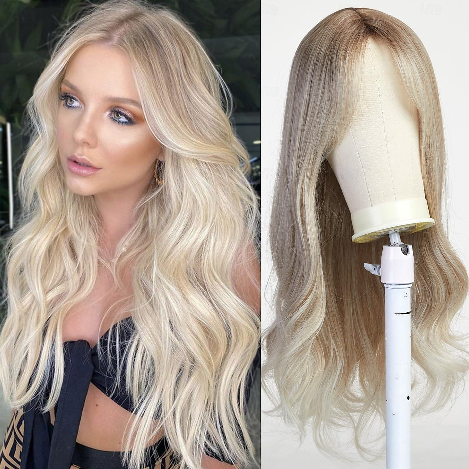 Peruca Longa Cacheada Loira para Mulheres Cabelo Sintético com Franjas Peruca Ondulada com Raízes Escuras Cosplay Diário Alta Densidade Resistente ao Calor Perucas de Halloween de 2025 por $22.99 –P1