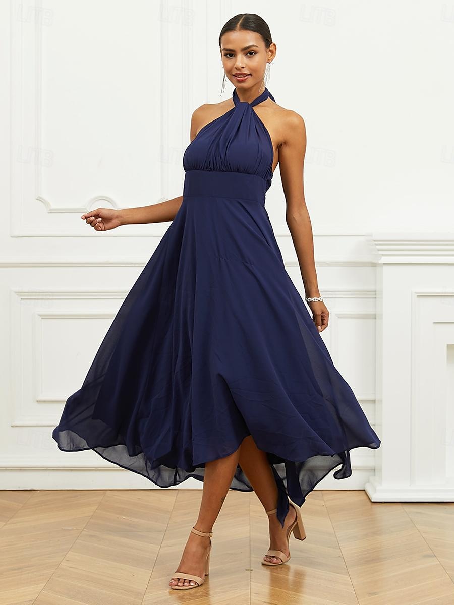 Robe Trapèze Femme Robe mi-longue Ruché Ceinturé robe demoiselle d honneur Soirée Cocktail Elégant Grande occasion Une Epaule Sans Manches Ample bleu marine S M L XL 2XL de 2025 ? $63.99 –P13