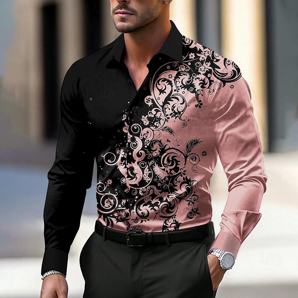 Herr Blommig Skjorta Knapp upp skjorta Långärmad Business Casual Fest Dagligen Höst Vinter Vår & sommar Nedvikt Knappen uppåt 3D-utskrift Svart Gul Rodnande Rosa 2025 - $26.99 –P4