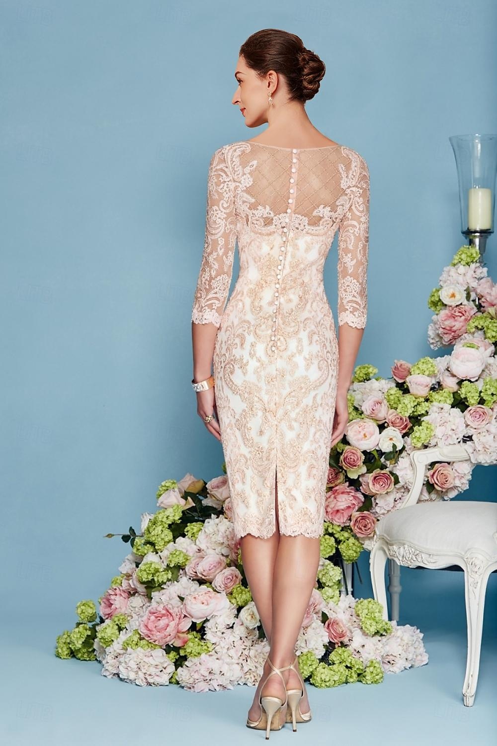 Beach Wedding Two Piece Sheath Mother of the Bride Dress Elegant Jewel Neck Knee Length Chiffon Lace 3/4 Length Sleeve Wrap Included Jacket Dresses with Beading Appliques free custom size 2025 - $162.99 –P4
