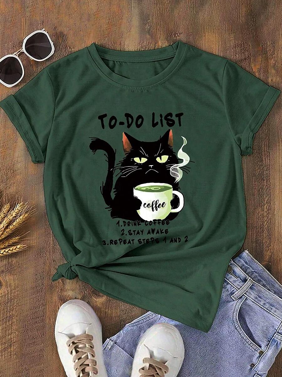 Dame T skjorte Katt Bokstaver Fritid Kortermet Crew-hals Vanlige topper Daglig Trykt mønster Grønn Sommer 2025 - $27.99 –P1