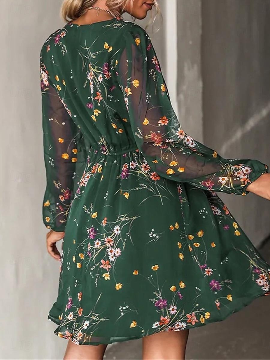 Damen Freizeitkleid formelles Kleid Blumendruck V-Ausschnitt Minikleid stilvoll lässig täglich Date Langarm Sommer 2025 - $33.99 –P6