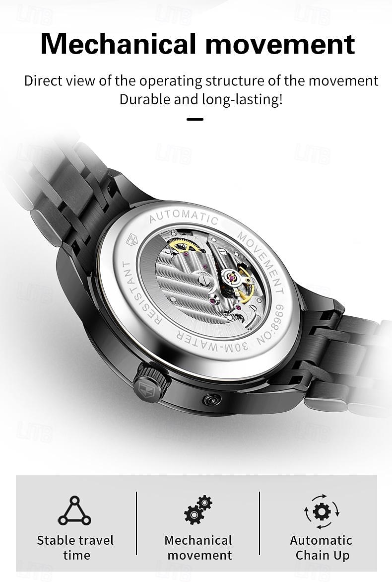 Heren mechanische horloges Creatief Modieus Zakelijk Polshorloge Automatisch opwindmechanisme Weergave maanfase Lichtgevend WATERDICHT Teräs Horloge 2025 - $77.99 –P6