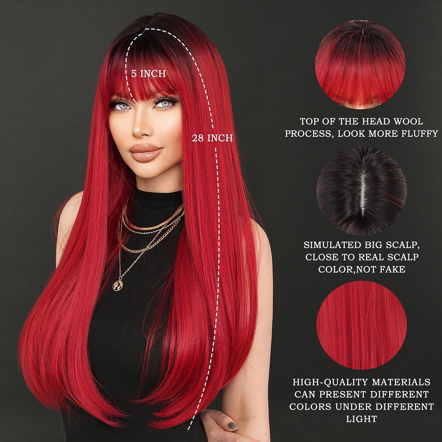Long Straight Wig with Bangs Natural Heat Resistant Fiber 