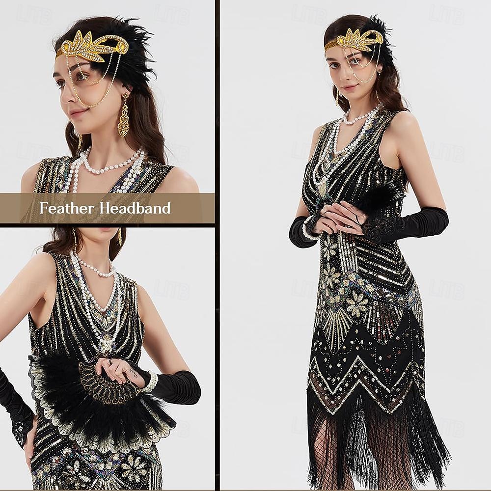 Goldene Zwanziger 1920er Knielang Flapper Kleid Outfits Zubehörset Ärmellos Der große Gatsby Flapper-Mädchen Hochzeitsgast Pailletten Quastenfransen V Ausschnitt Kostüm Damen Club Abendgesellschaft 2026 - $60.99 –P3