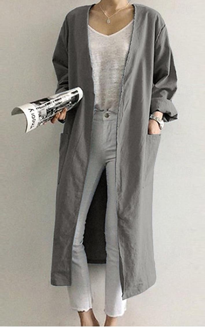 Damen Elegante Staubtücher Elegante Jacken Trenchcoat Büro Arbeit Frühling Herbst Lang Mantel Lässiger Schnitt Moderner Stil Jacken Langarm Einfarbig Einfach Tasche Oversize Hellblau Kaki Grau 2025 - $21.99 –P2