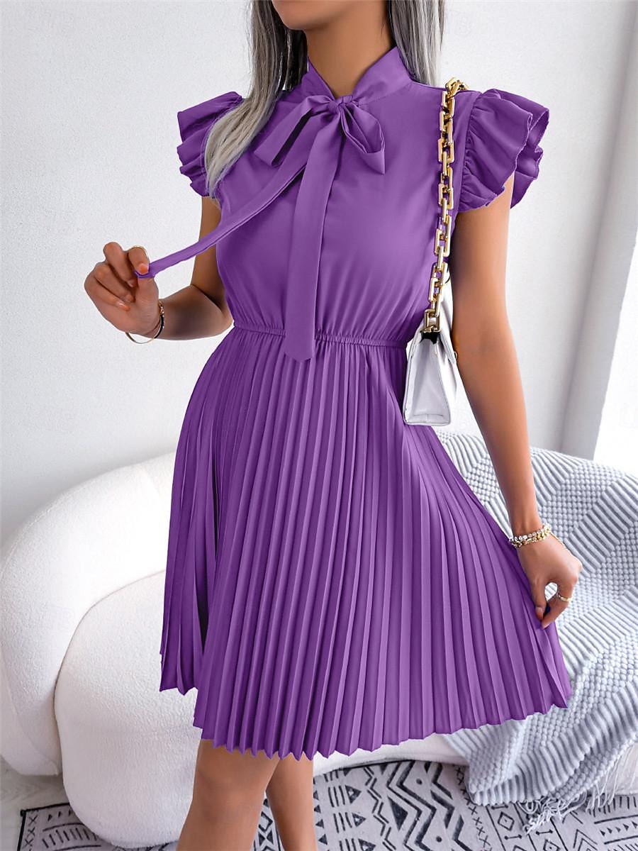 Dames Zwarte jurk Mini-jurk Chiffon Veters Ruche Afspraakje Vakantie Streetwear Basic Opstaand Mouwloos Zwart Wijn Paars Kleur 2025 - $26.99 -P9