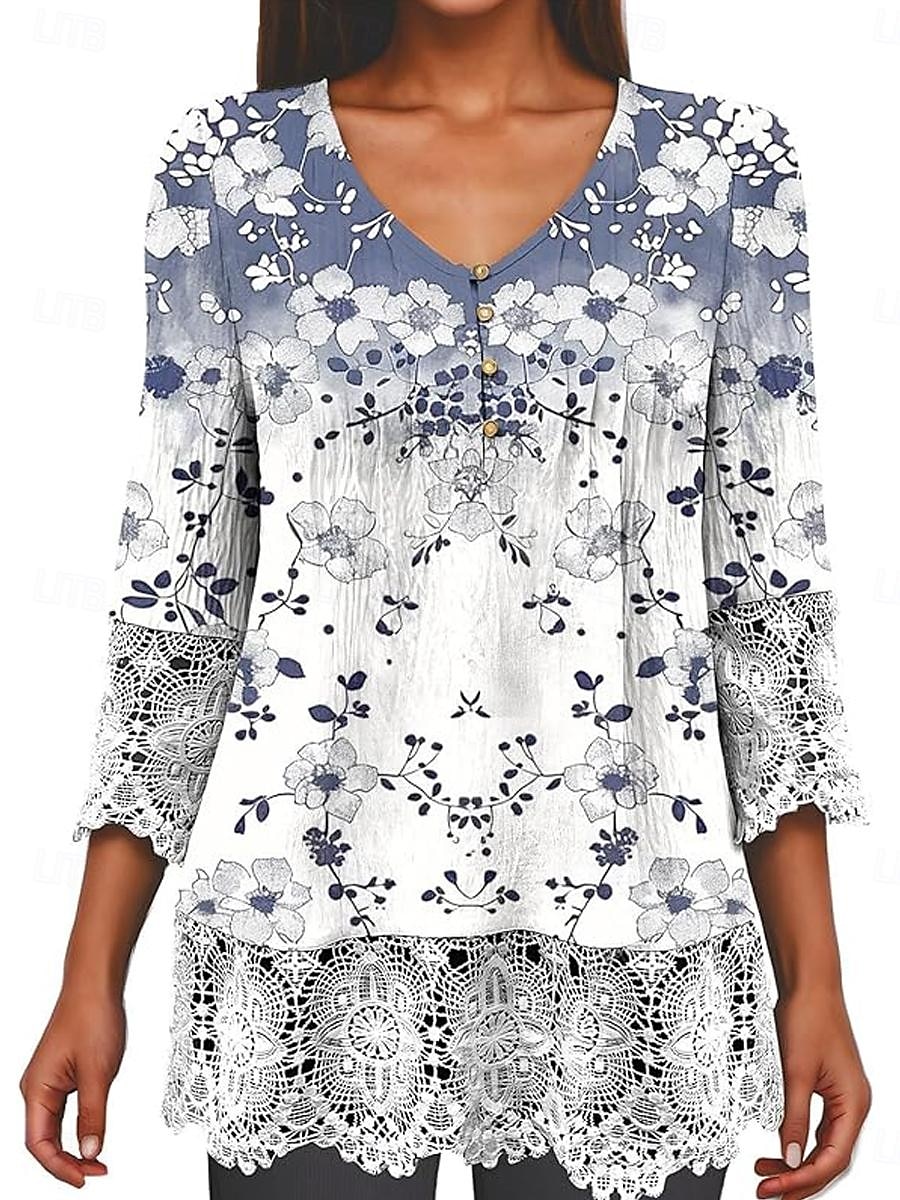 Kvinne Elegant Blonde Topper Eyelet Bluse Avslappet Ombre Blomsterblonde Knapper 3 4 Lengde Erme Reguliære Topper V Hals Daglig Romantisk Petite Topper Sommer Ferie Bruke Svart Rosa Blå Grønn Vår Høst 2025 - $21.99 –P6