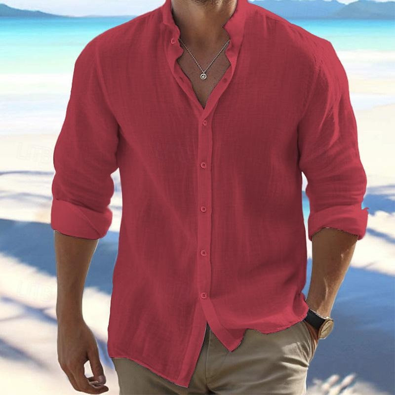 Men's Shirt Summer Shirt Beach Wear Button Up Shirt Black White Pink Red Long Sleeve Plain Band Collar Spring & Summer Casual Daily Clothing Apparel 100% Cotton 2025 - $23.99 –P11