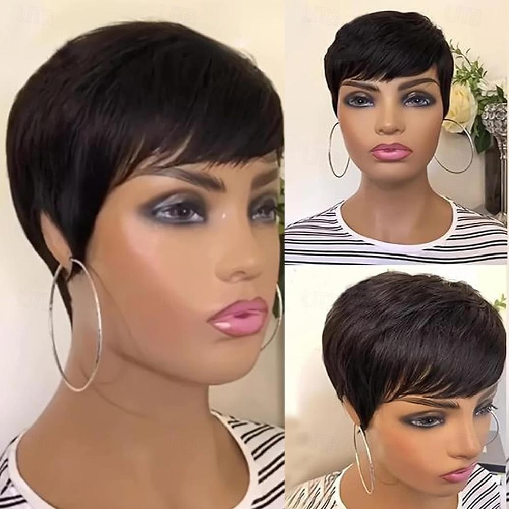 Pixie Cut Wig Human Hair Wigs For Black Women Short Human Hair Wigs with Bangs Pixie Cut Short Straight Black Wigs Full Machine Made Glueless Wigs 2025 - $44.99 –P1