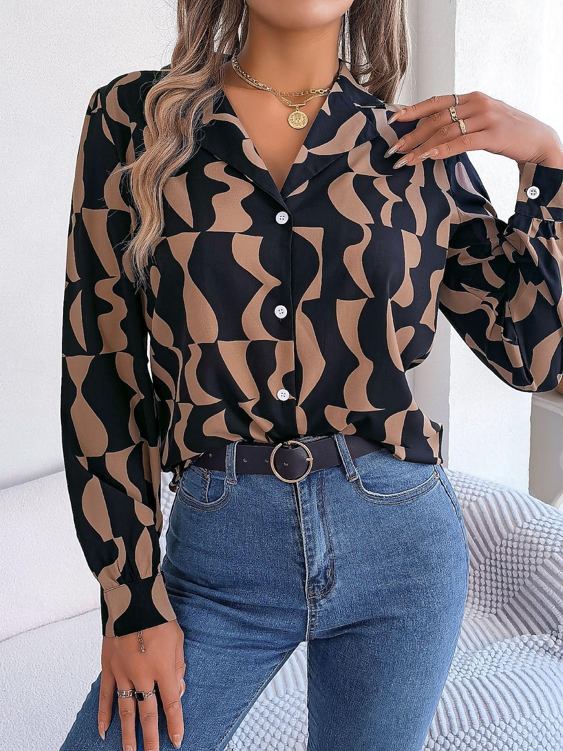 Dame Skjorte Bluse Fargeblokk Stilfull Moderne Langermet Skjortekrage Arbeid Knapper Svart Brun Kakifarget Vår Høst 2025 - $29.99 –P8