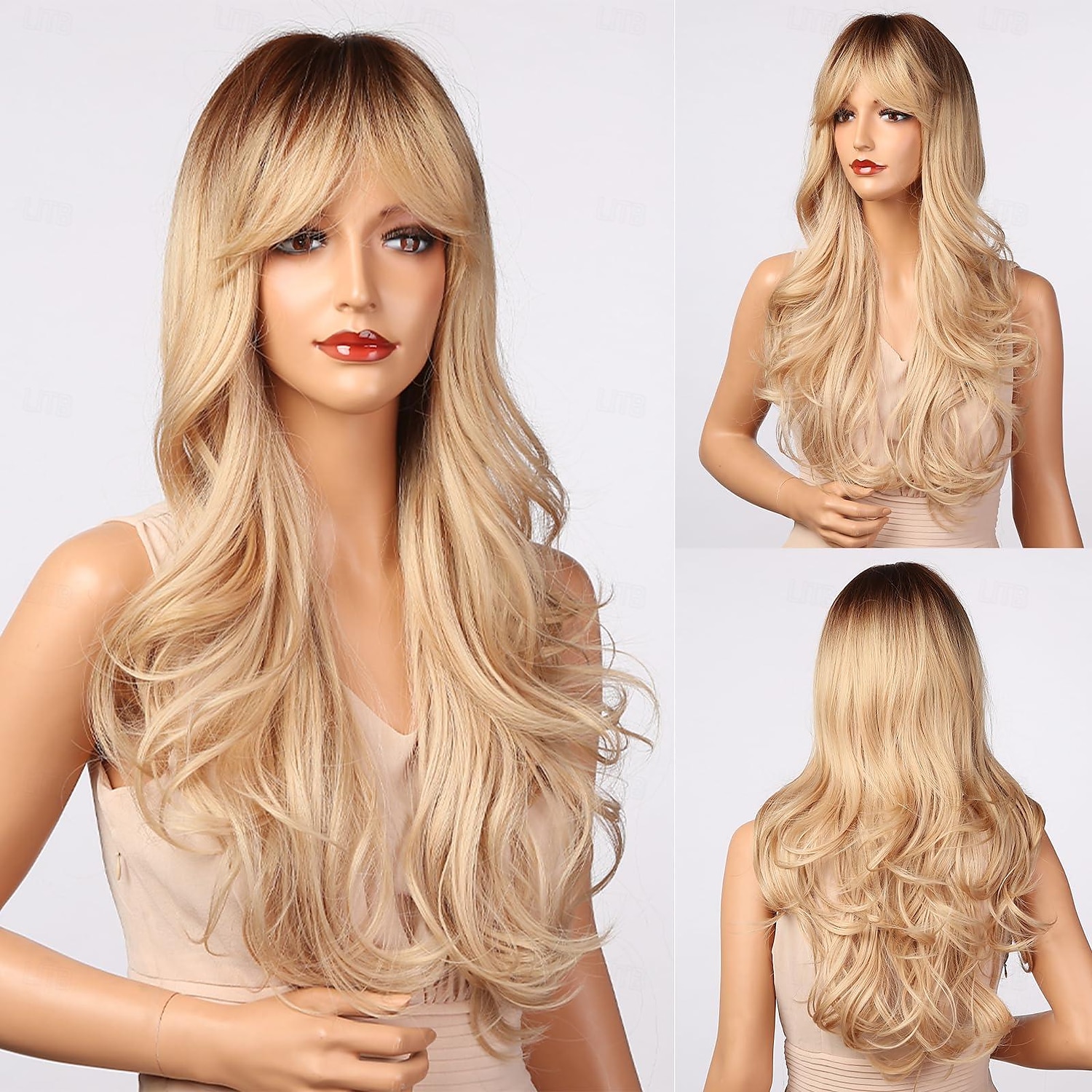 Blonde Wig with Bangs - Long Wavy Ombre Curtain Bang Wigs for White Women, Light Ash Blond Dark Roots Synthetic Heat Resistant Hair, Natural Cute Strawberry Wigs for Halloween/Christmas 2025 - $21.99 –P5