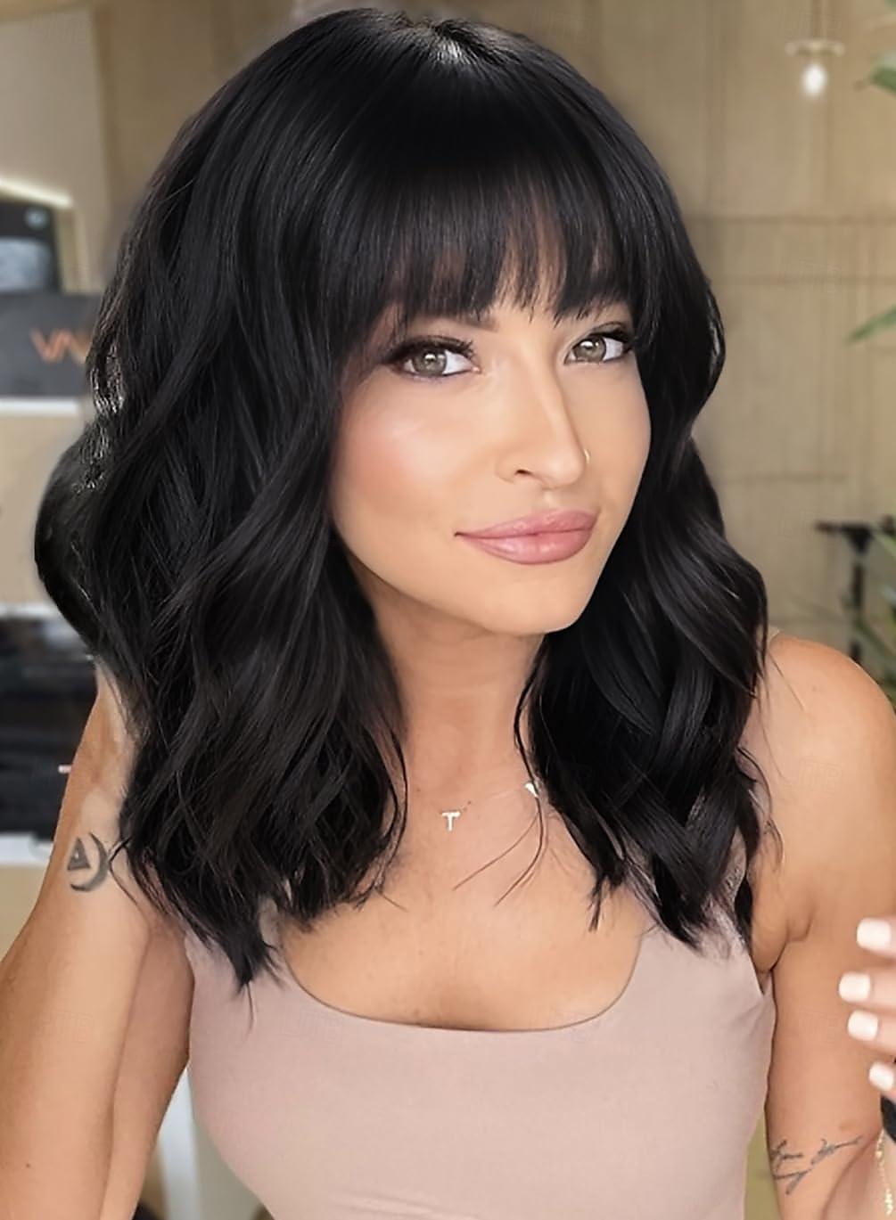 Bob encaracolado peruca sintética curta preta com franja natural olhando fibra resistente ao calor cabelo para mulher de 2025 por $14.49 –P1