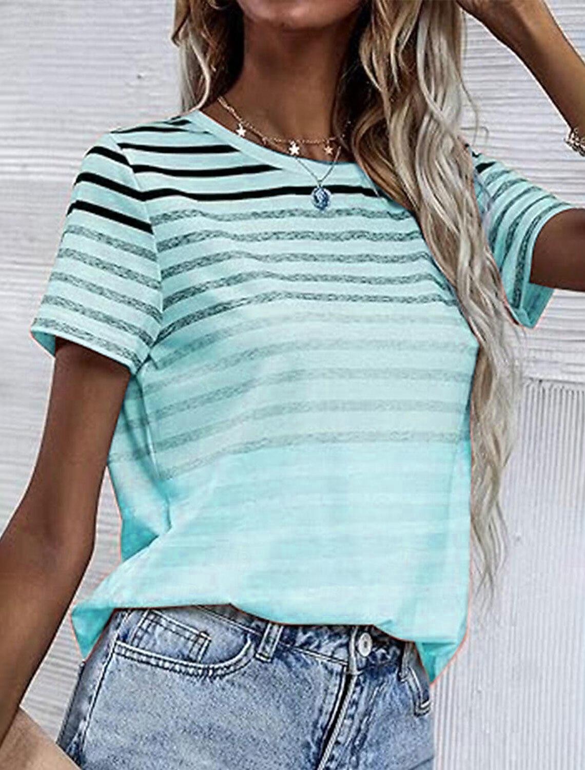 Per donna Maglietta Stampato A righe Casual Manica Corta Girocollo Top Regolari Quotidiano Blu Rosa Viola Estate del 2026 a $22.99 –P4