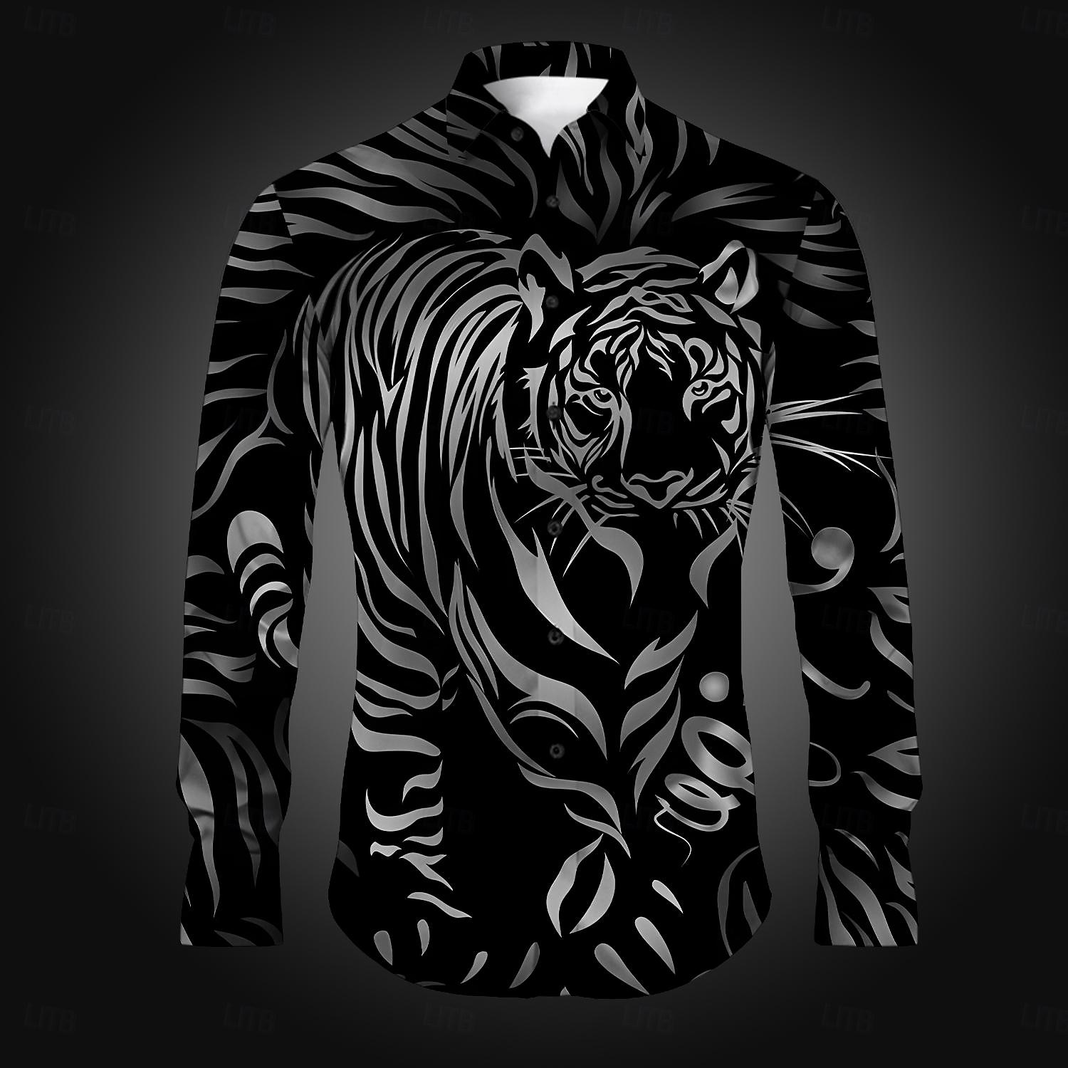Men's Tiger Button Up Shirt Printed Shirts Long Sleeve Casual Daily Party Holiday Spring & Summer Fall Winter Turndown Buttons Print Blue Purple Gold Gray 2026 - $30.99 –P5