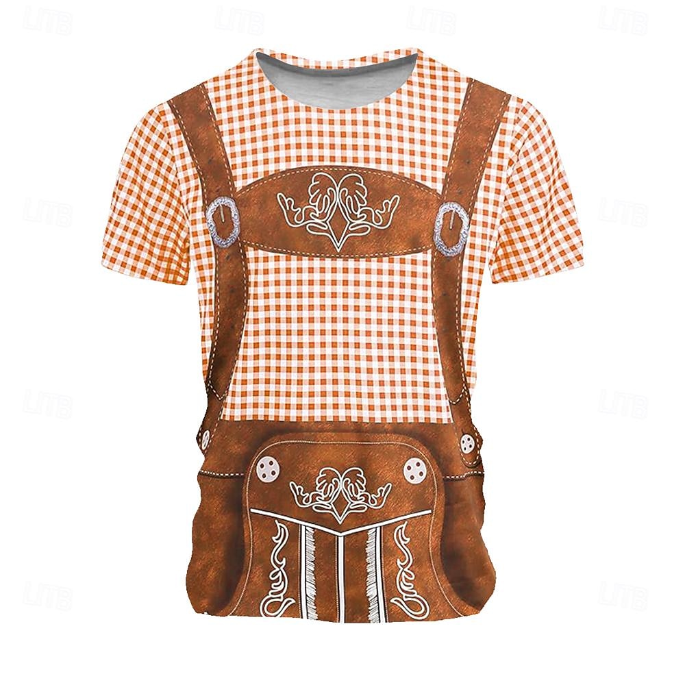 Oktoberfest Voor heren Ruitjes Duitsland dirndls T-shirt Korte mouw T-shirt 3D-afdrukken Strakke ronde hals Overhemd Vakantie overdreven Ontwerper Carnaval Feest Licht Blauw Blauw 1# Blozend Roze 2025 - $15.99 –P6