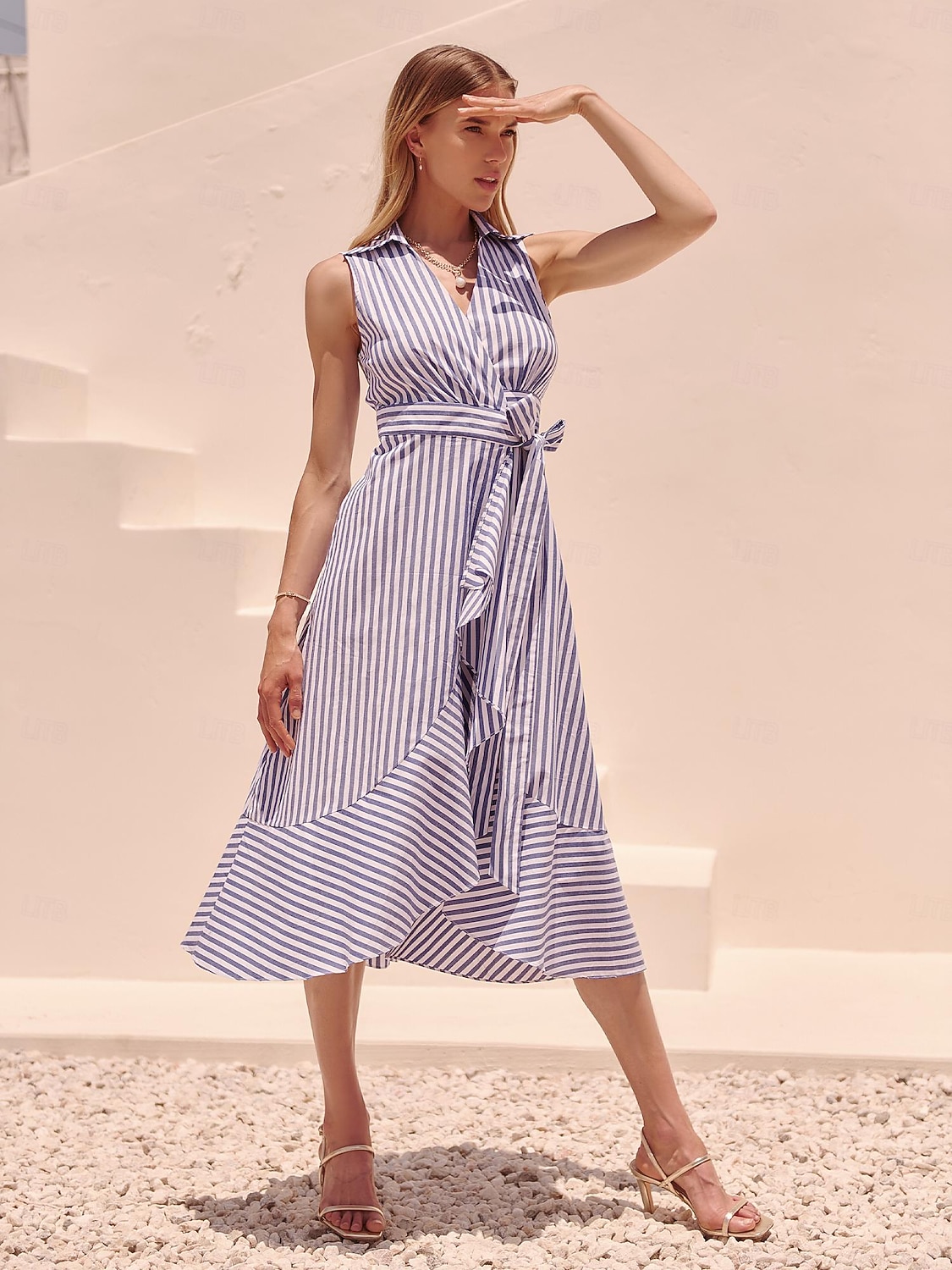 Dámské Resort Wear Elegantní šaty Maxi dlouhé šaty Vodní modrá Krátký rukáv Proužek kravata vpředu S proužky Potisk Jaro léto Vpředu do kříže Elegantní prázdniny šaty na dovolenou S M L 2025 - $114.99 –P7