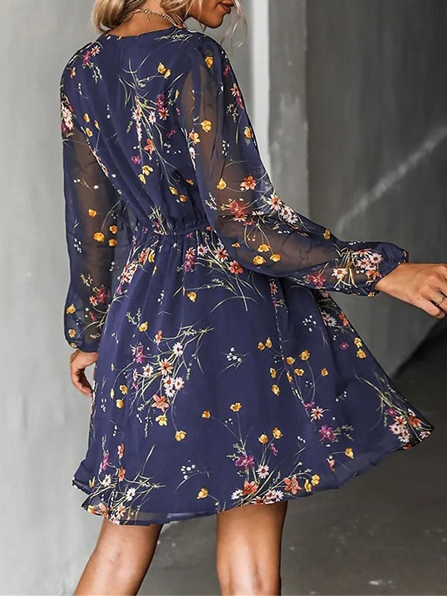 Damen Freizeitkleid formelles Kleid Blumendruck V-Ausschnitt Minikleid stilvoll lässig täglich Date Langarm Sommer 2025 - $33.99 –P9
