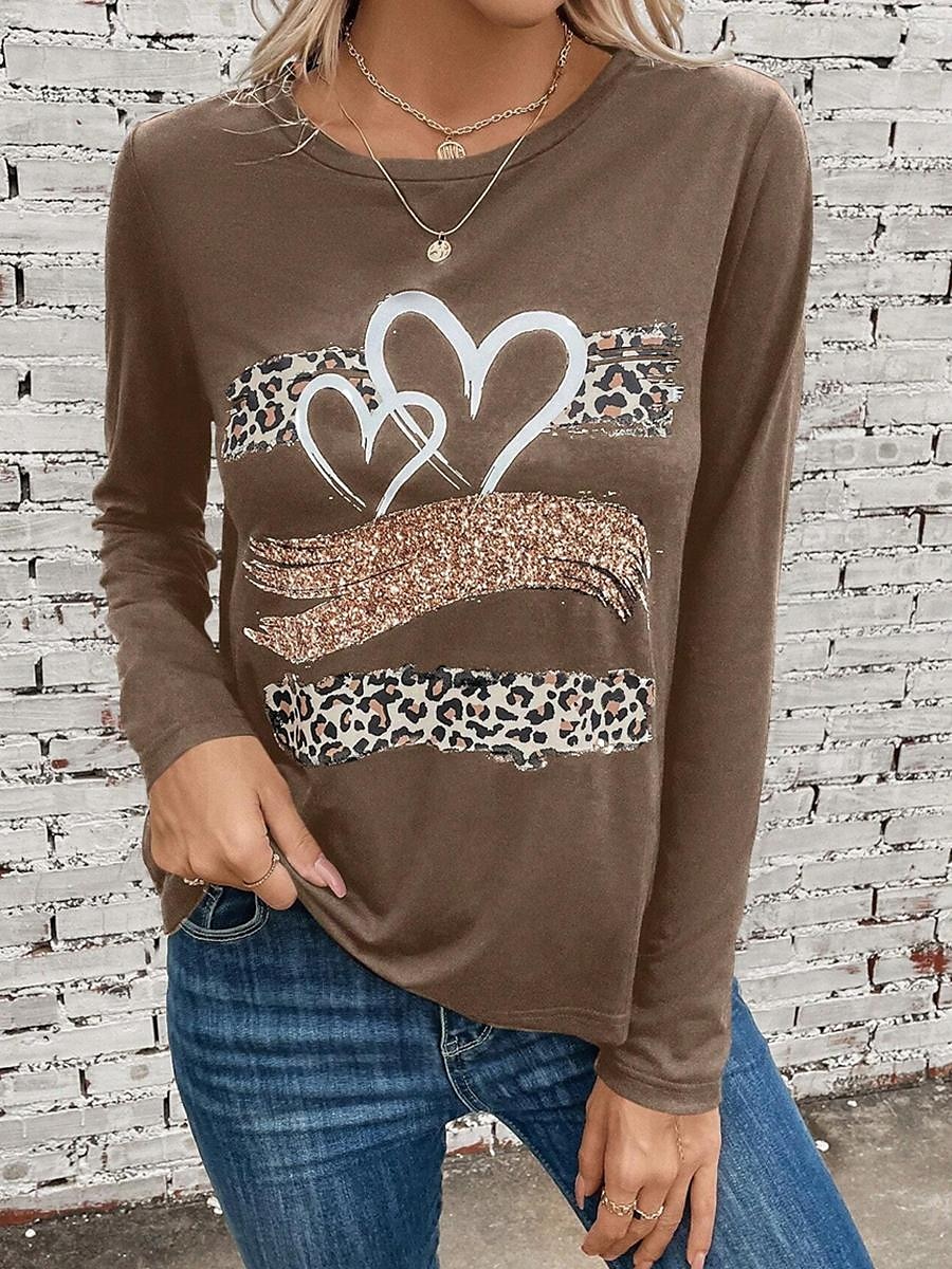 Women's T Shirt Casual Heart Print Long Sleeve Regular Tops Crew Neck Daily Brown Spring Fall 2025 - $22.99 –P3