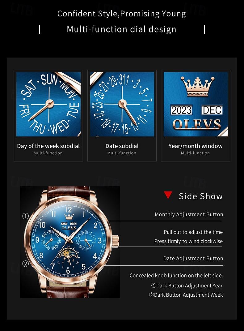OLEVS Men Mechanical Watch Fashion Business Wristwatch Automatic Self-winding Moon phase Luminous Perpetual Calendar Leather Watch 2025 - $111.99 –P10