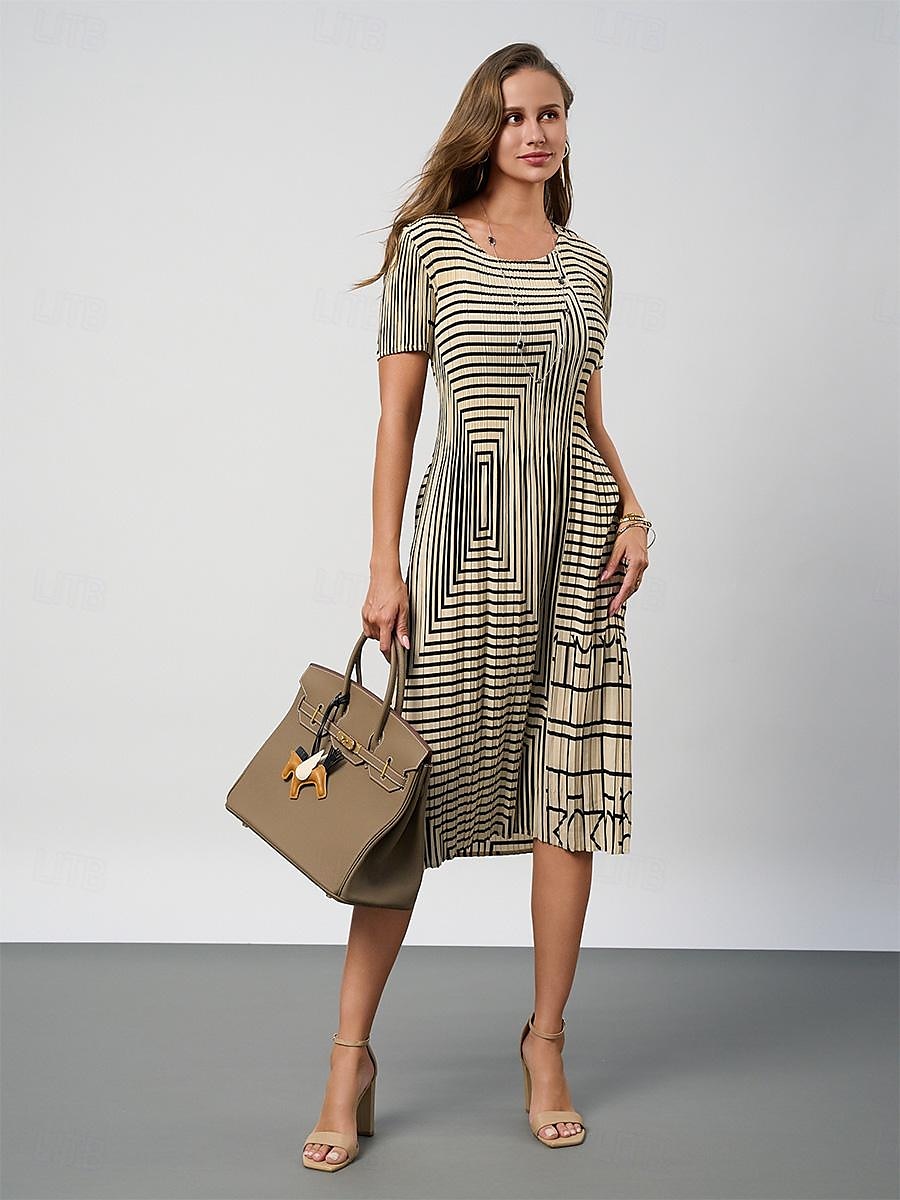 Dame Midikjole Skiftkjole Elegant Fritid Arbeid Daglig Løstsittende Stripe Kortermet Crew-hals Svart Kakifarget Sommer 2025 - $39.99 –P7