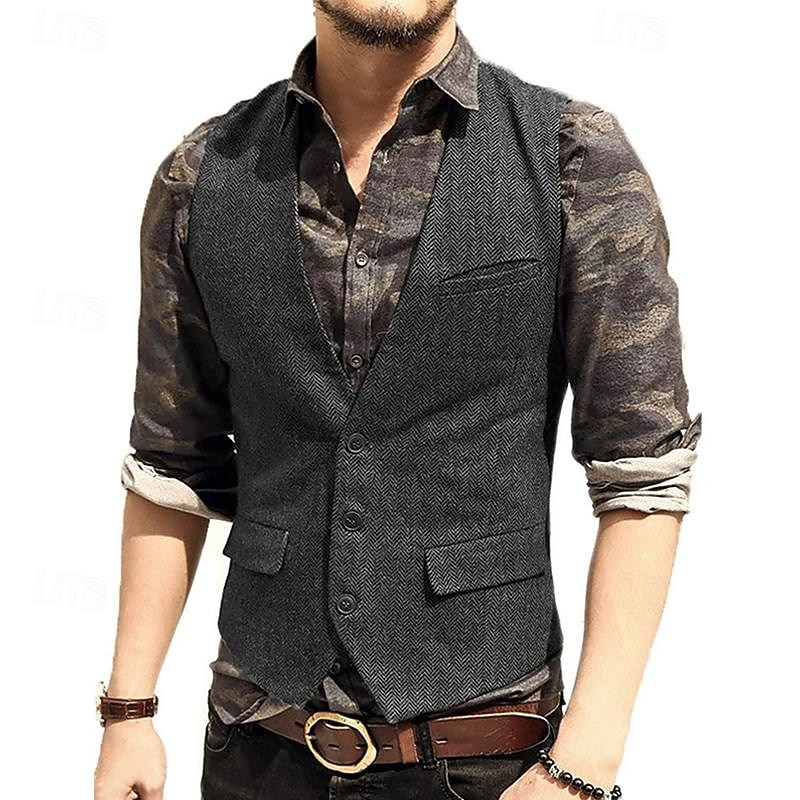 Voor heren Vest Bruiloft Evenement / Feest Dagelijks Modieus Zakelijk Lente zomer nappi Zak Polyester Comfortabel Effen Kleur Enkele knoopsluiting één knoop V-hals Normale pasvorm Zilver Donker Bruin 2025 - $38.99 –P2