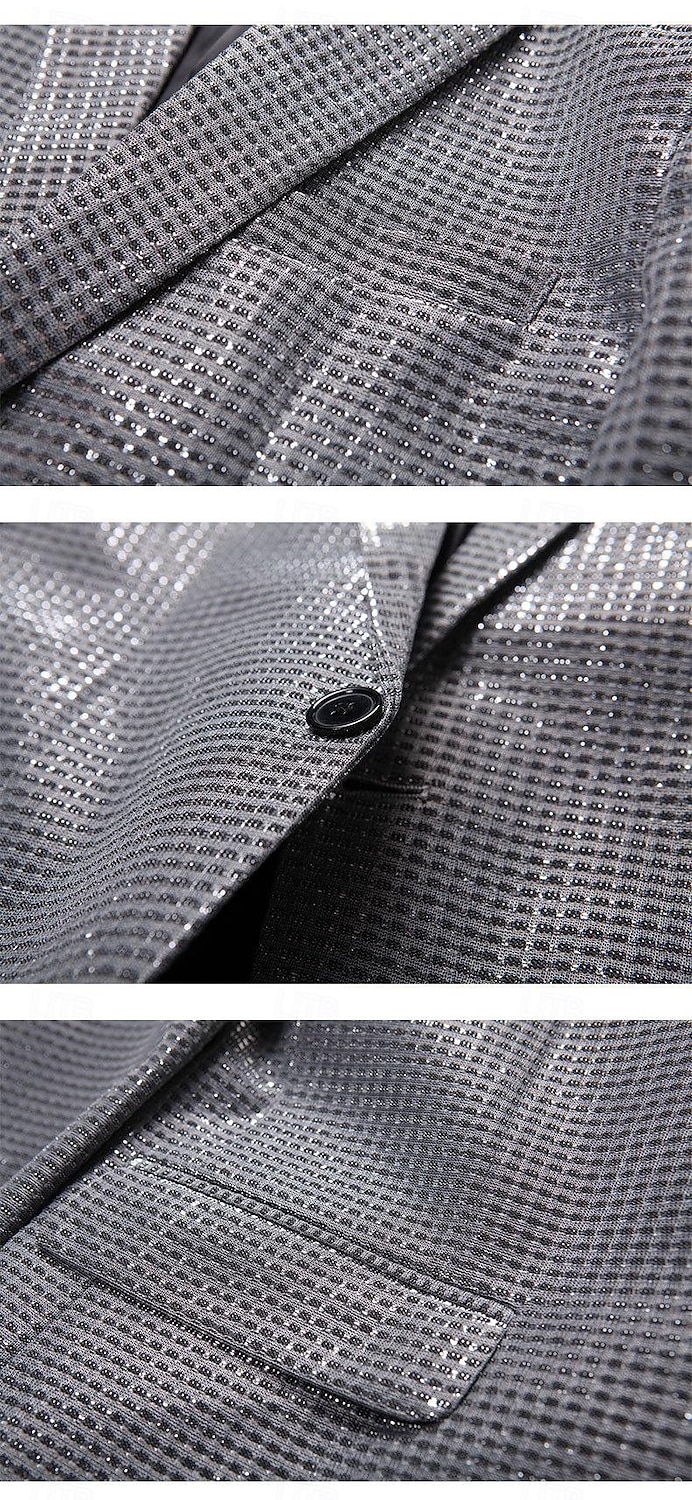 Herre Blazer Formell kveld Fritid / hverdag Søt Alle årstider 65%Cotton 35%Polyester Ensfarget / vanlig farge Paljetter Fritid Bryllup Enkeltkneppet Blazer Sølv Svart Rød Blå 2025 - $83.99 –P8