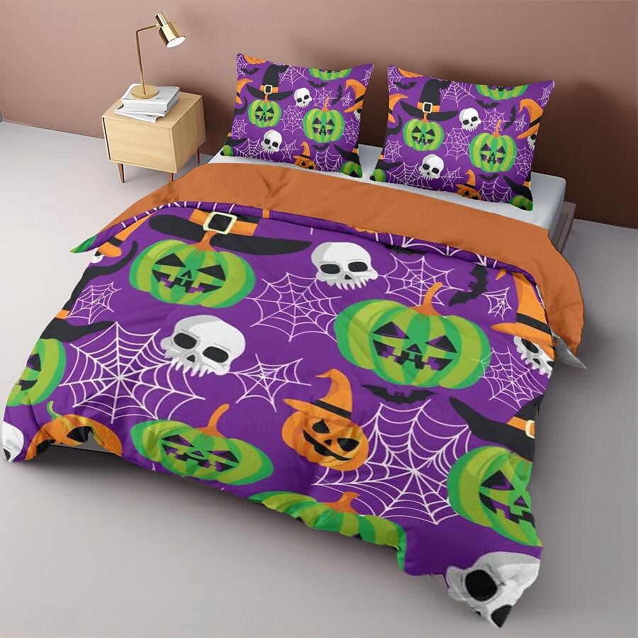 set copripiumino collezione halloween set 3 pezzi jack o lantern zucca super morbido delicato sulla pelle di lunga durata del 2025 a $41.99 –P12