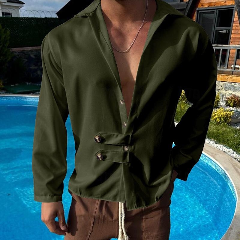 Herren Hemd Sommerhemd Freizeithemd Strandhemd Schwarz Weiß Armeegrün Grau Leicht Blau Langarm Einfach Revers Urlaub Hawaiianisch Button-Down Bekleidung Polyester Mode Lässig Bequem 2025 - $26.99 –P13