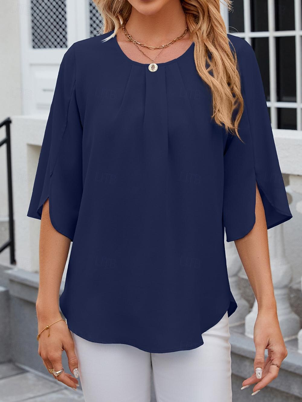 Shirt Blouse Women's White Pink Wine Plain Sexy Street Daily Fashion Round Neck Regular Fit S 2025 - $29.99 –P15