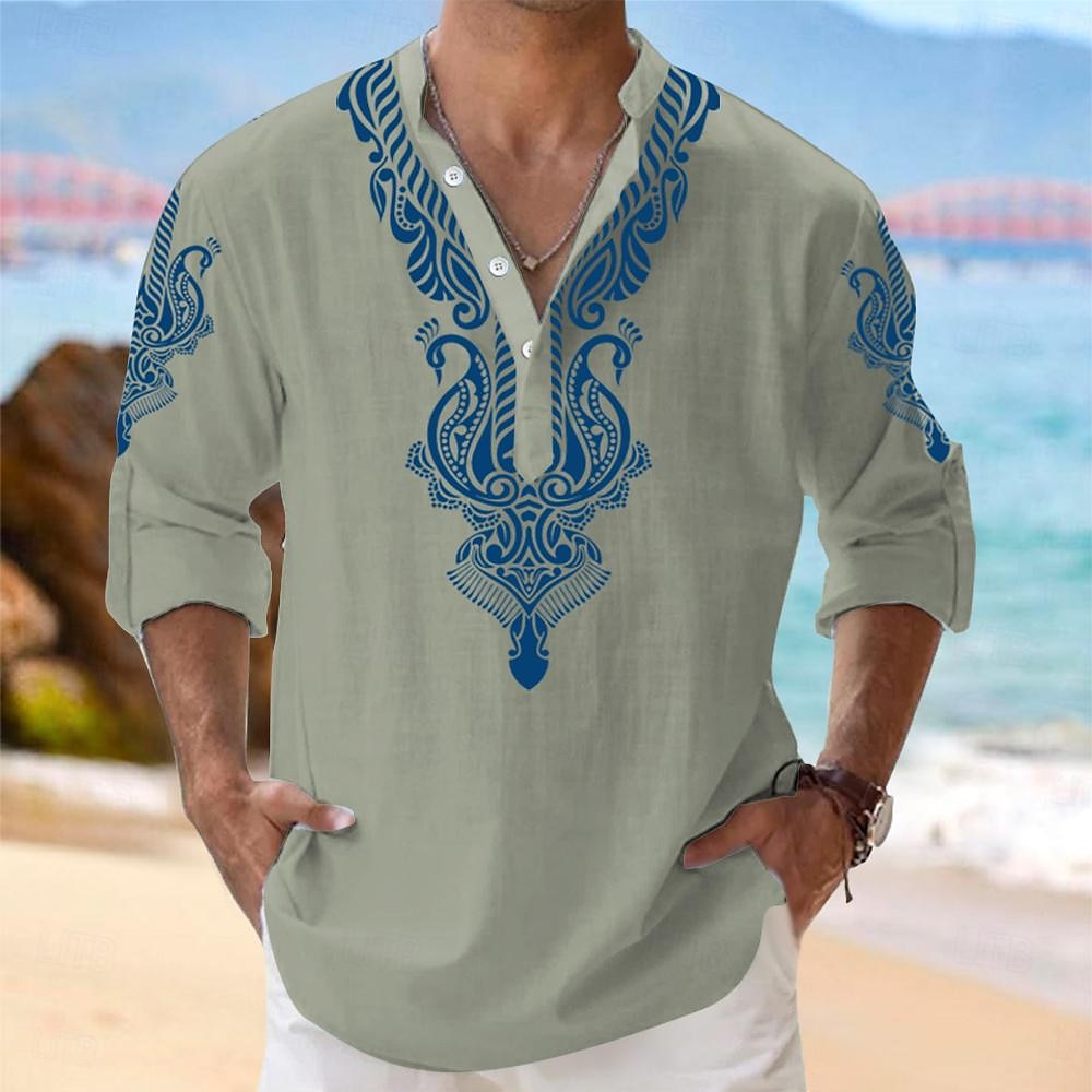 Per uomo Camicia Camicia con bottoni Camicia Henley Manica lunga Tribale Moda Casual Da mare Casual Informale Estate Primavera & Autunno Alla coreana A fascia Bottoni Stampa Bianco Blu Verde del 2025 a $26.99 –P5