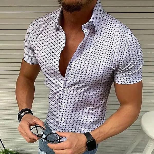 Men's Geometric Pattern Lattice Shirt Short Sleeve Designer Beach Casual Summer Turndown Print Black White Red Blue Green 2025 - $24.99 –P2