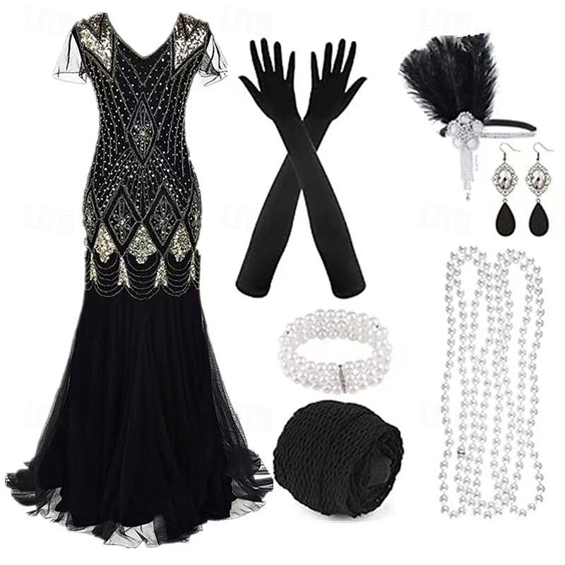 Roaring 20s 1920s Floor Length Knee Length Dress Evening Dress Outfits Short Sleeves The Great Gatsby Charleston Wedding Guest Sequins Tassel Fringe Feather V Neck Fancy Dress Women's New Year 2026 - $82.99 –P1
