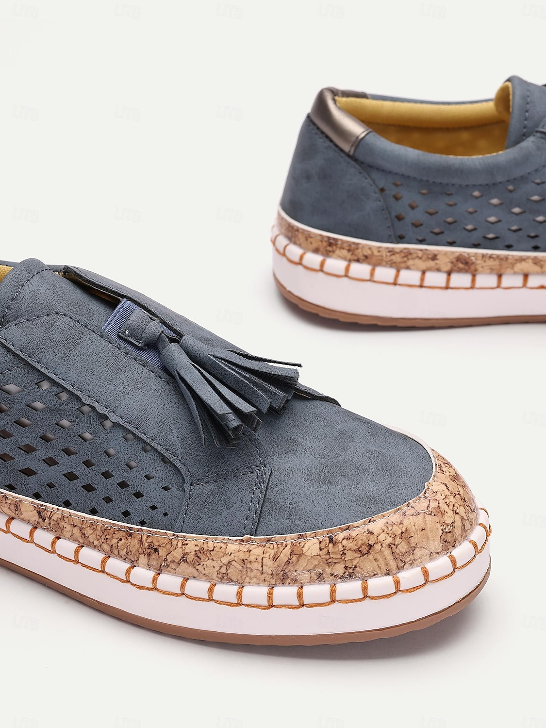 dámské ležérní střapcové mokasíny – modré semišové slip-on boty s perforovaným designem a korkovou podrážkou, pohodlné na léto i každodenní nošení 2025 - $26.99 –P1