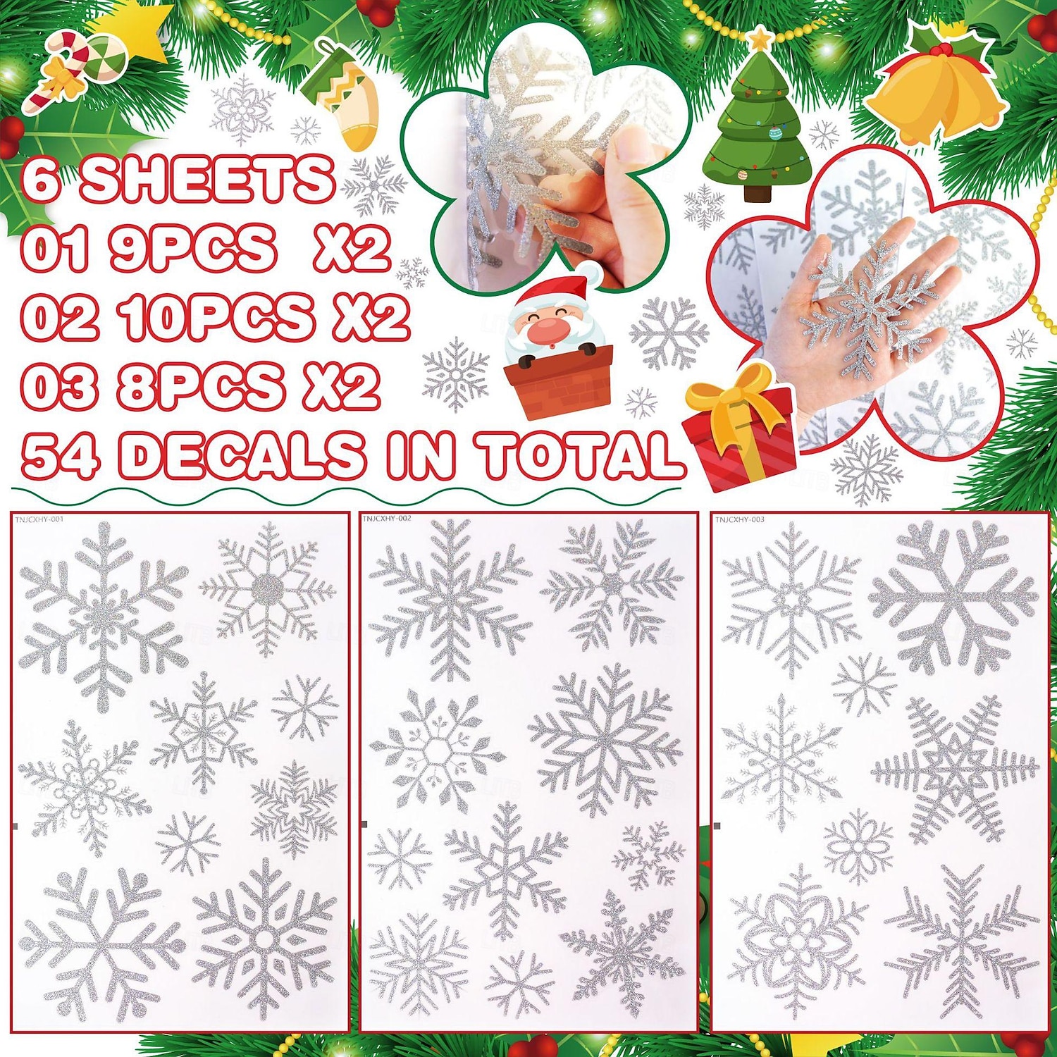 6 hojas de calcomanías de ventana y pegatinas de pared con copos de nieve: adhesivo estático dorado y plateado brillante, vidrio festivo y decoración de pared para Navidad, perfecto para ventanas, espejos y decoración del hogar 2026 - $10.99 –P2