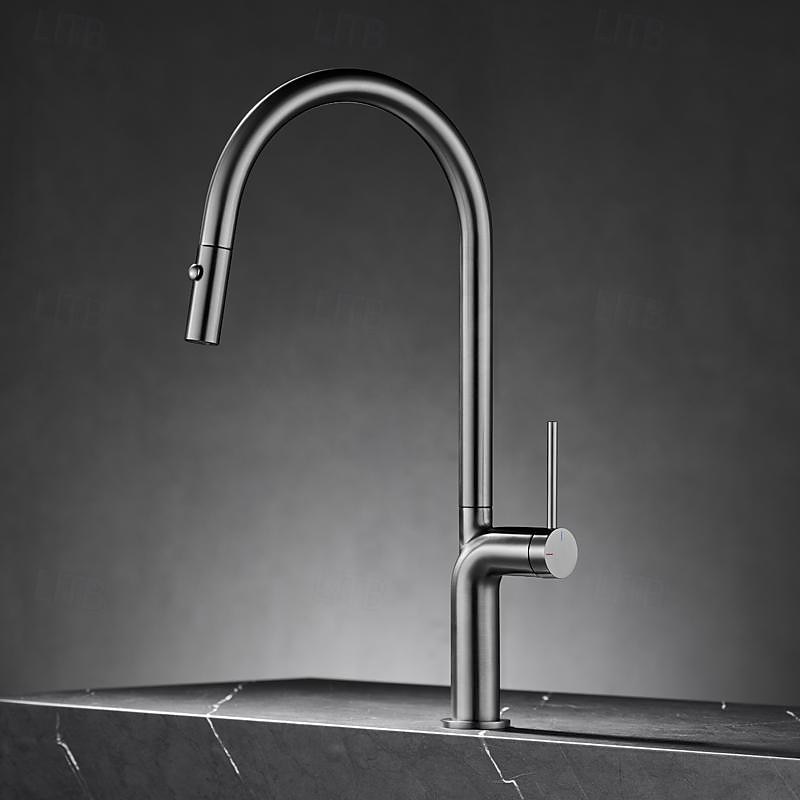 2025年 水栓 - シングルハンドルつの穴 クロム / ブラッシュドニッケル / 電気メッキ プルアウト / プルダウン / 標準スパウト / トール / ハイアーク センターセット 現代コンテンポラリー Kitchen Taps  コレクション – $210.59 –P1