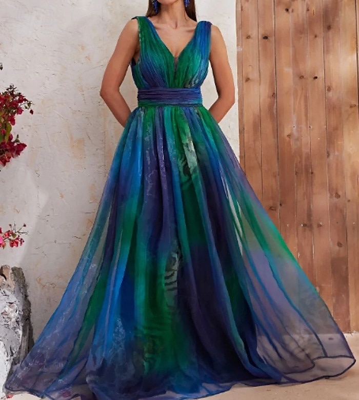 Vestido largo de gasa verde para mujer, estampado gráfico degradado de color, fruncido, escote en V, elegante, vintage, para el día de San Valentín, para el trabajo, sin mangas, para verano y 2025 - $74.99 –P5