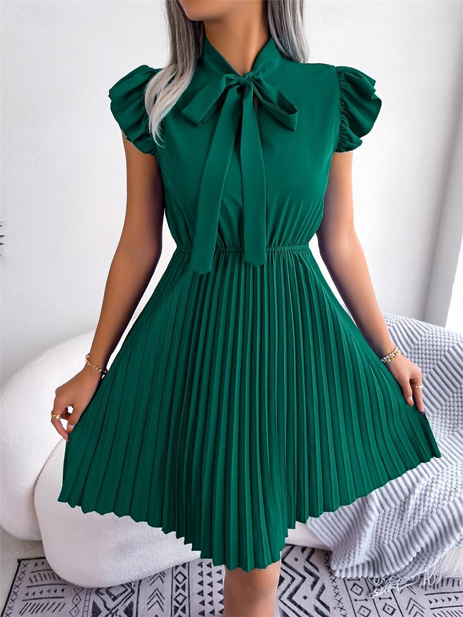 Dames Zwarte jurk Mini-jurk Chiffon Veters Ruche Afspraakje Vakantie Streetwear Basic Opstaand Mouwloos Zwart Wijn Paars Kleur 2025 - $26.99 -P18