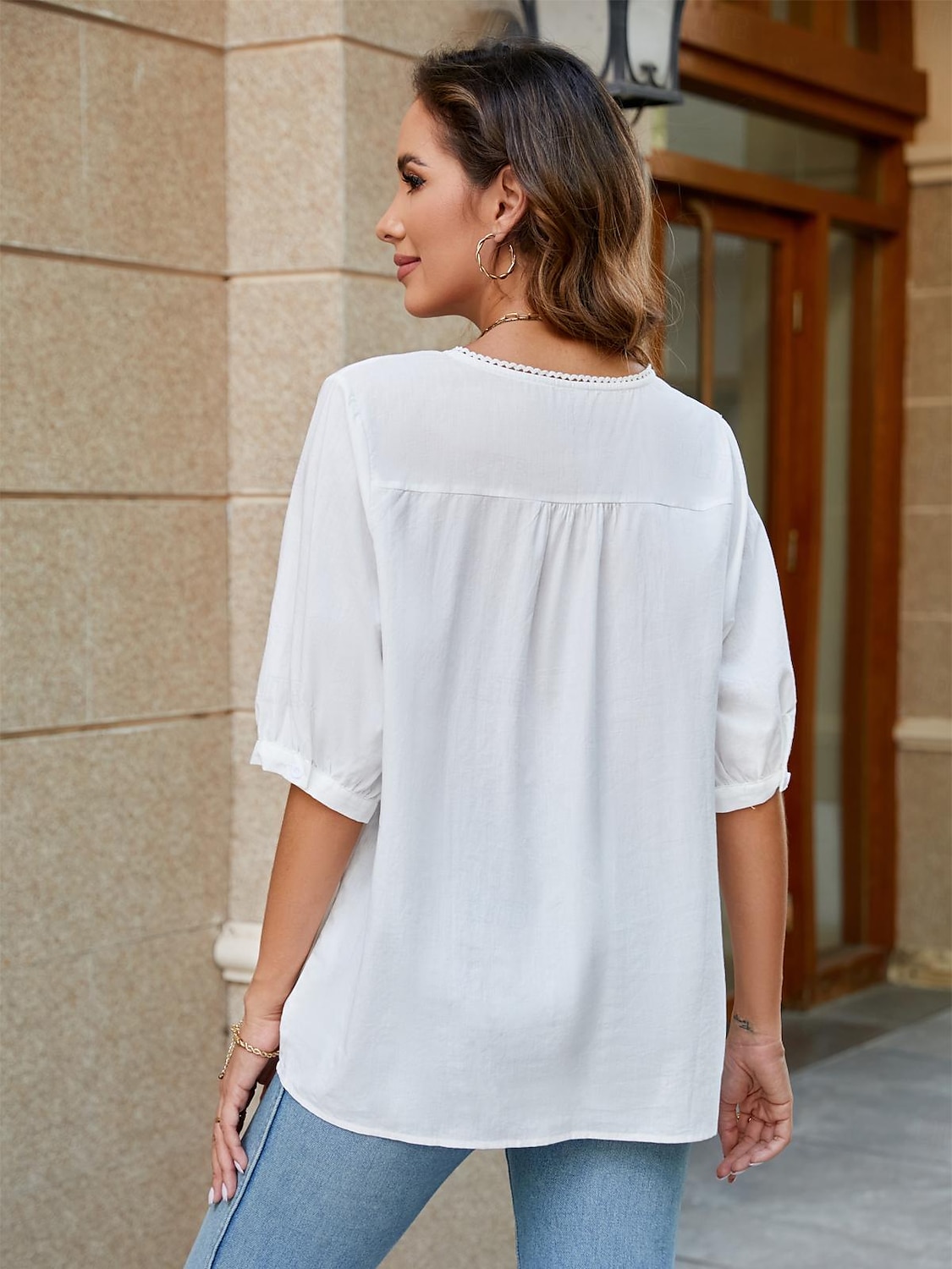 Femmes Chemise Chemises inspirées du lin Couleur Unie Fleuri Occasionnel Boho Manche 3/4 Manches au coude Col ras du cou Hauts Réguliers Vacances Soirée Quotidien Broderie Blanche Jaune Kaki Automne de 2025 ? $32.99 –P8