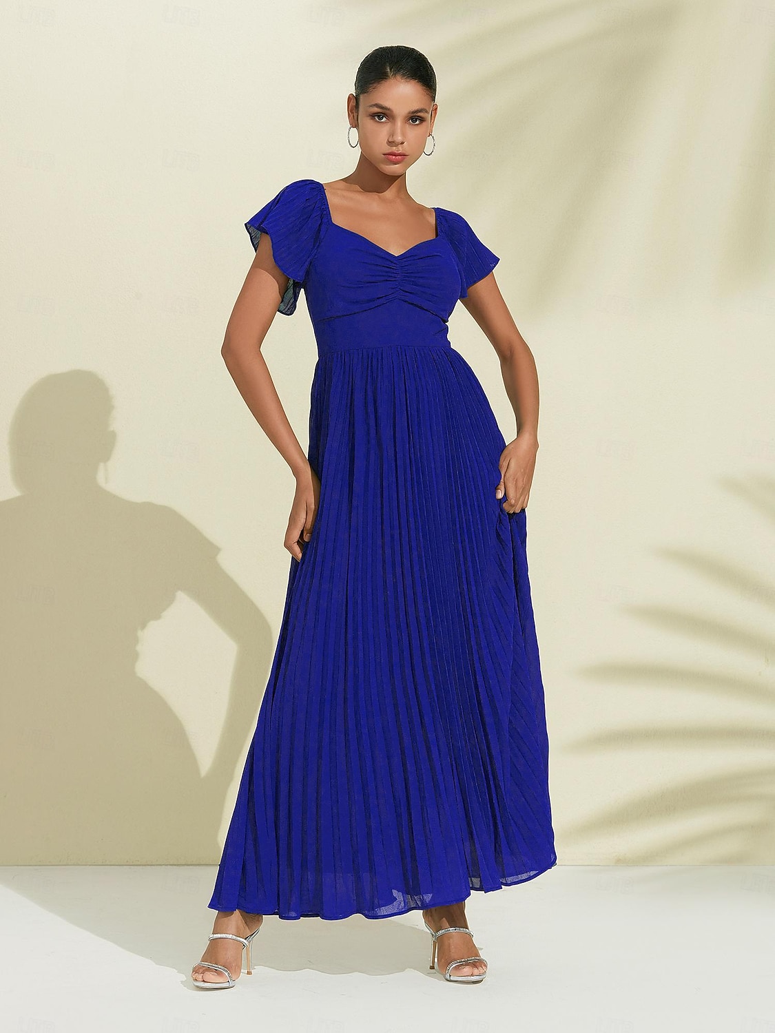 Royal Blue Chiffon Pleated Wedding Guest/Party A Line V Neck Short Sleeve Maxi Dress dress to impress 2024 2026 - $113.99 –P5