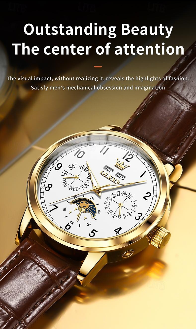 OLEVS Men Mechanical Watch Fashion Business Wristwatch Automatic Self-winding Moon phase Luminous Perpetual Calendar Leather Watch 2025 - $111.99 –P7