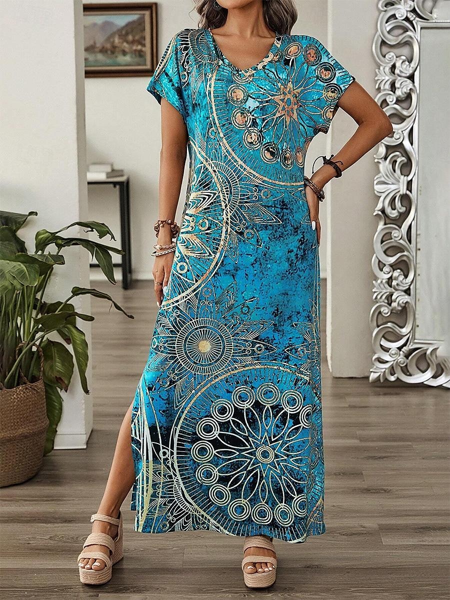 Kvinnors Maxiklänning Sundress Shift Klänning A-linje Klänning Avslappnad Drop Shoulder Daglig Lös Passform Grafisk Kort ärm V-hals Blå Grön Sommar 2025 - $28.99 –P4