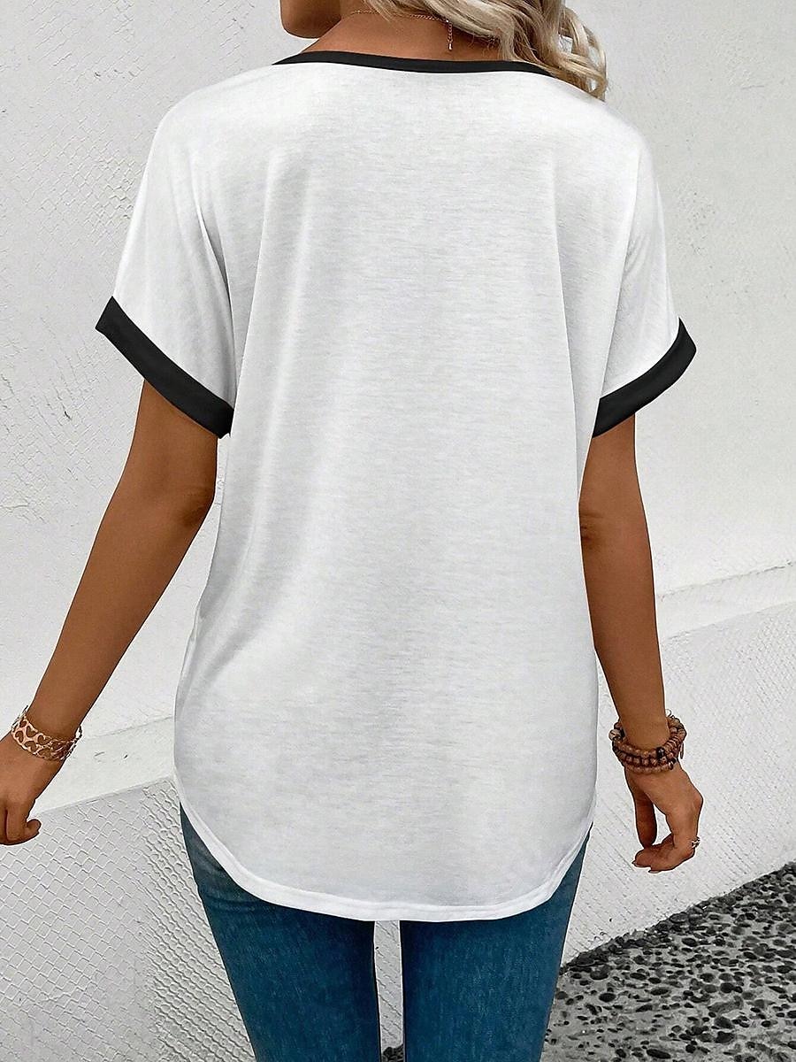 Damen T-Shirt lässig Streifendruck Kurzarm normale Oberteile V-Ausschnitt Alltag Schwarz-Weiß Sommer 2025 - $19.99 –P2