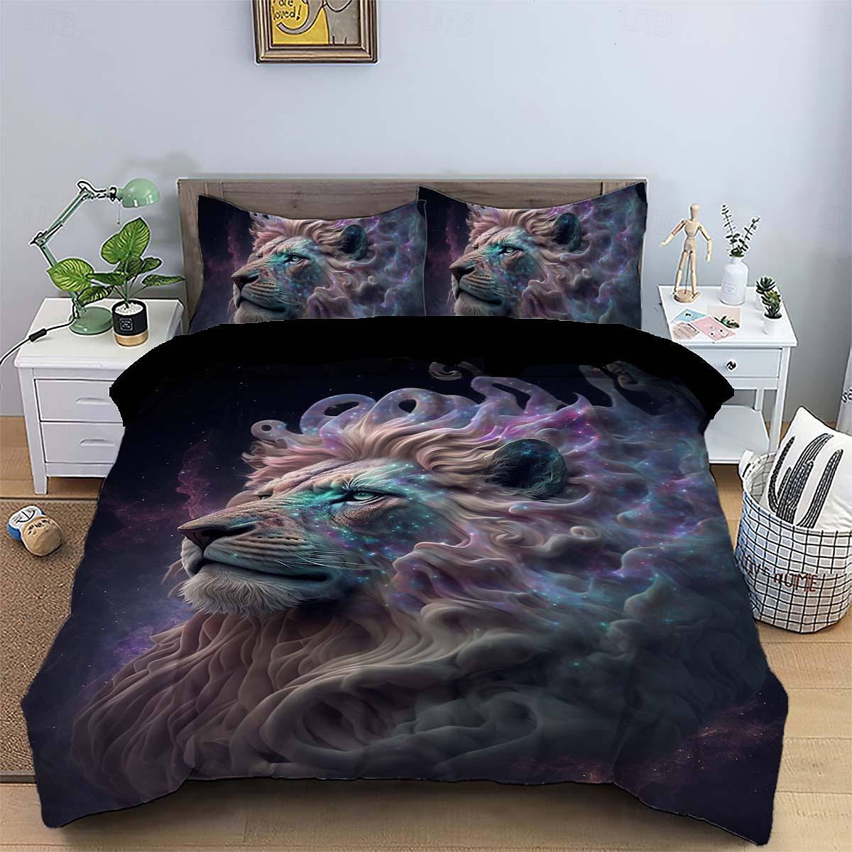 kleurrijke neon leeuwenkop 3-delige donzen dekbedovertrekset voor hotelslaapkamer gastenkamers bdding comfortset 2025 - $45.99 –P15