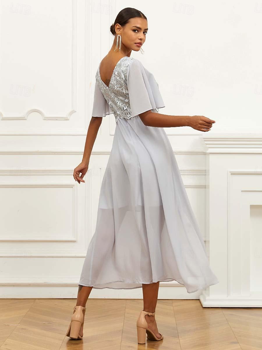 Per donna Abito linea A Poliestere Pizzo Con balze A V Manica a balza Manica corta Vestito maxi Invitati del matrimonio Cocktail party Elegante Da cerimonia Grigio Estate del 2025 a $49.99 –P9